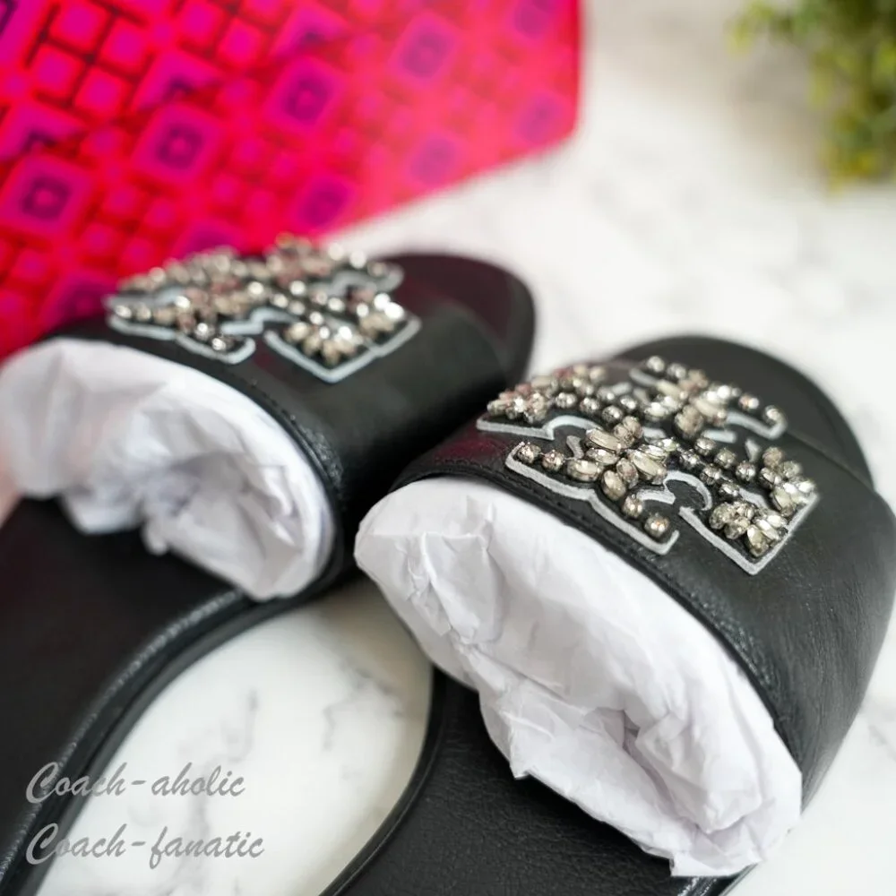 NIB Tory Burch Everly Embellished Crystal Logo Flat Slide Sandal Black Leather